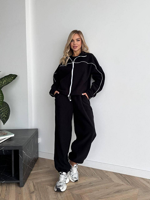 Жіночий теплий прогулянковий костюм: кофта та штани турецький фліс Чорний, 42/44 Одеса - фото 1