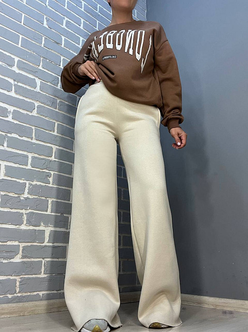 Костюм жіночий Quzen 388-488 подовжений світшот напис брюки палаццо широкі утеплений на флісі коричневий, коричневий, S Київ - фото 13