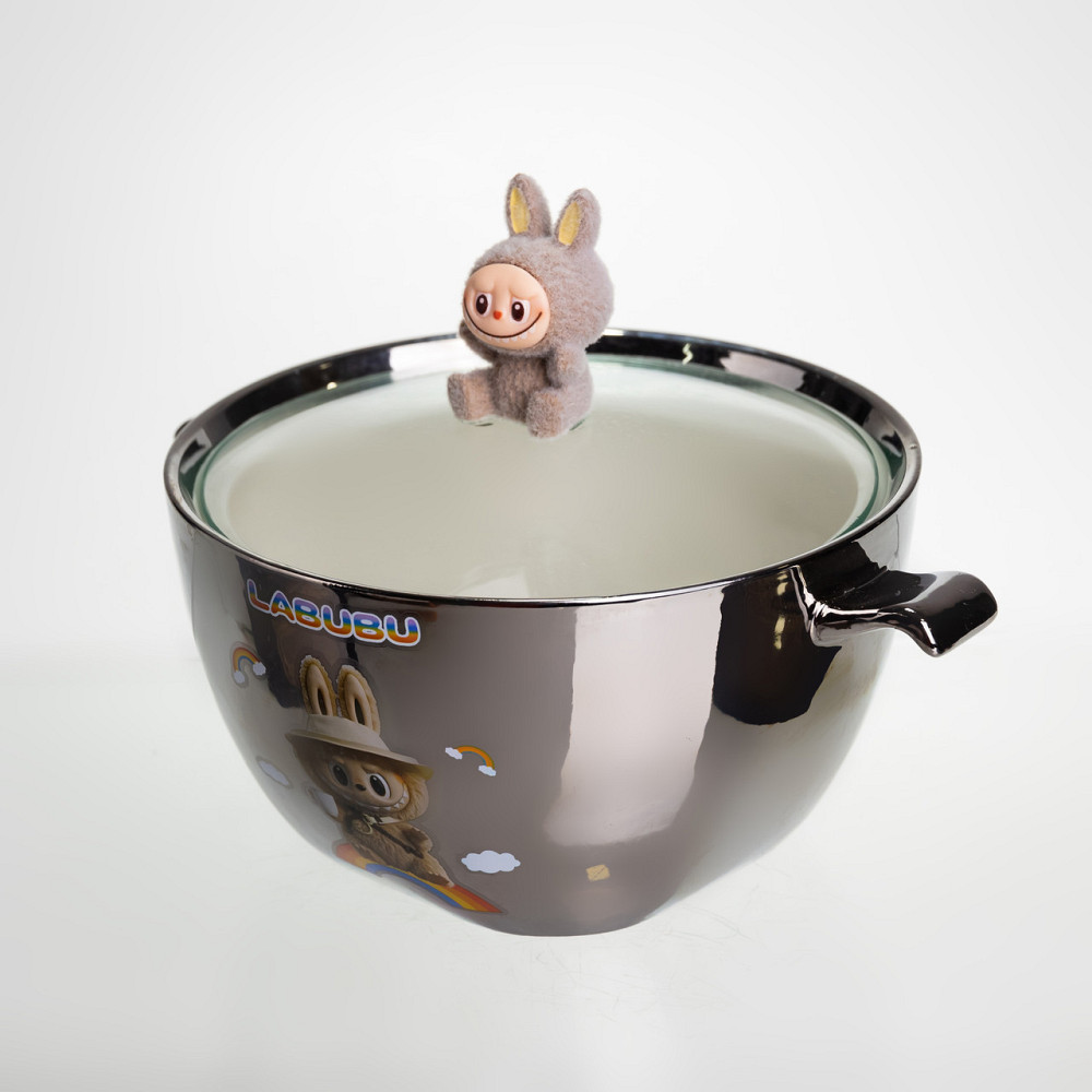 Бульйонниця порцелянова Labubu з кришкою та ручками 800 (мл) Ø15 (см) дитяча тарілка для супу та локшини Сріблястий з коричневим FM-34B Коломия - фото 4