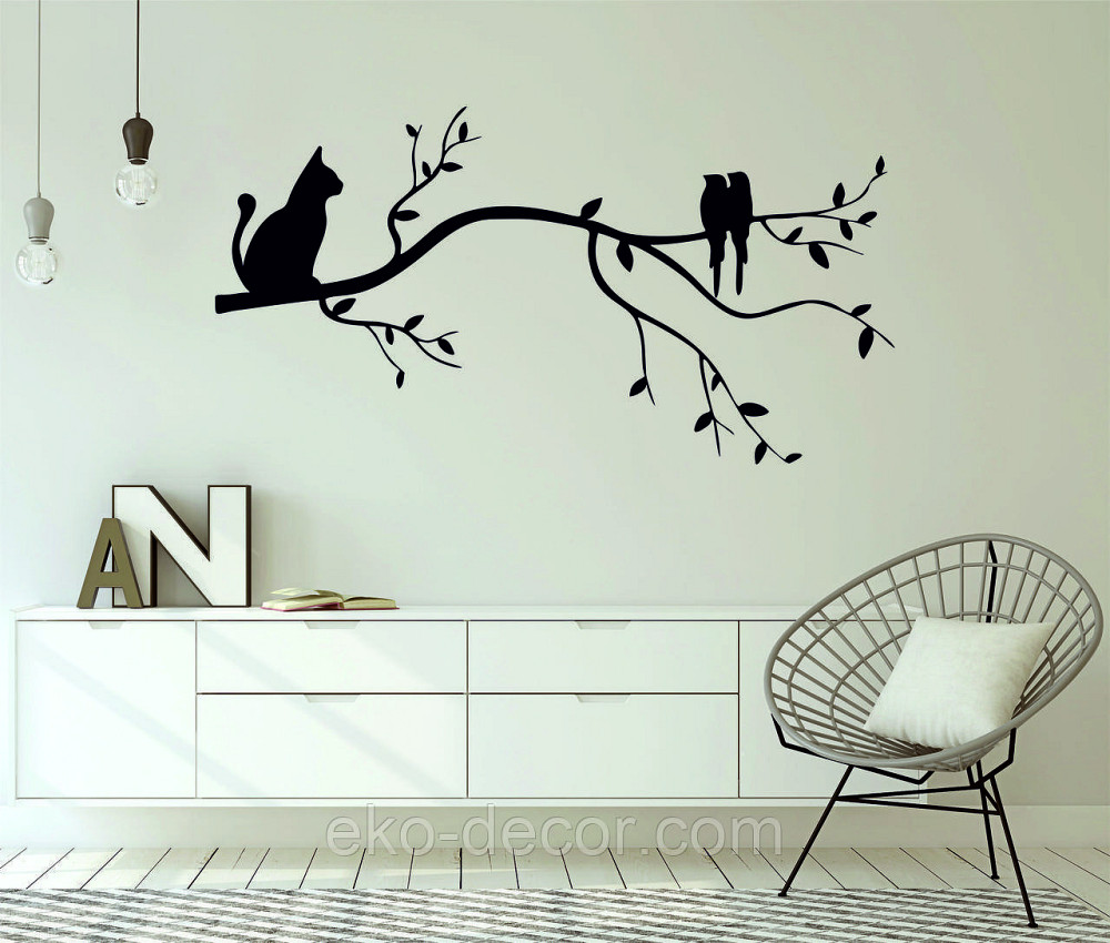 Декоративное настенное Панно «Птички и кот на ветке», Декор на стену 110*57 см, Черный Киев - изображение 2