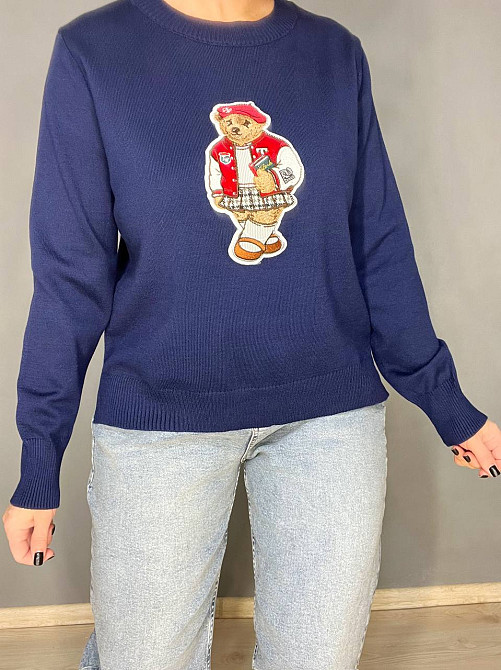 Светр жіночий A-N 2609 з нашивкою ведмедика оверсайз базовий one size, темно-синій, one size Київ - фото 14