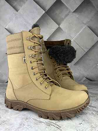 Тактичні теплі берці шкіряні на хутрі зимові високі армійські берці бежеві прошиті та проклеєні WAR Львів