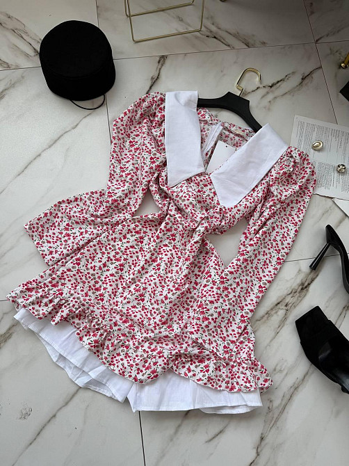 Женское романтичное мини платье-комбинезон в цветочный принт с белым воротником софт+котон Розовый, 44/46 Одесса - изображение 8