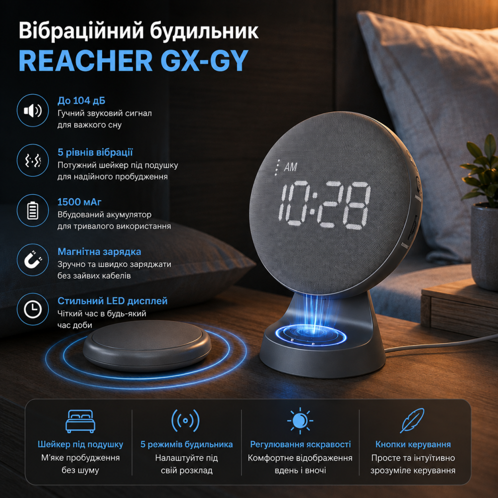 Вибрационный будильник REACHER GX-GY, шейкер под подушку, до 104 дБ, 5 уровней вибрации, 1500 мАч, магнитная зарядка Киев - изображение 1