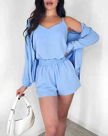 Жіночий легкий костюм-трійка: сорочка, майка та шорти креп жатка Блакитний, 44/46 Одеса