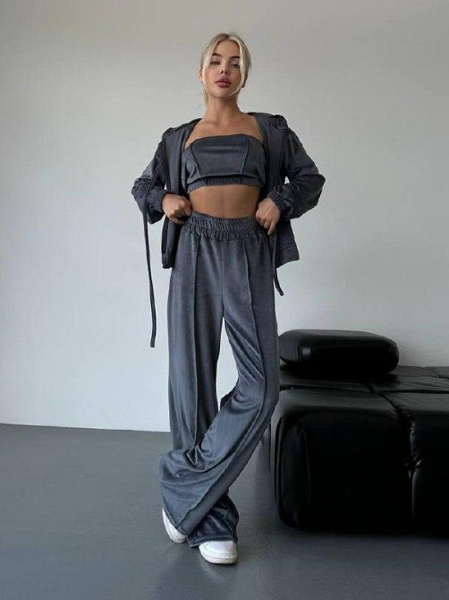 Женский прогулочный плюшевый костюм тройка: кофта топ и штаны велюр-плюш Графит, 46/48 Одесса - изображение 1