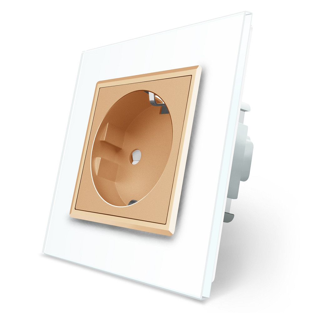 LIVOLO Електрична розетка з заземленням LIVOLO, золота з білою рамкою, шторки, скло, 250В 16А ( Коломия - фото 1