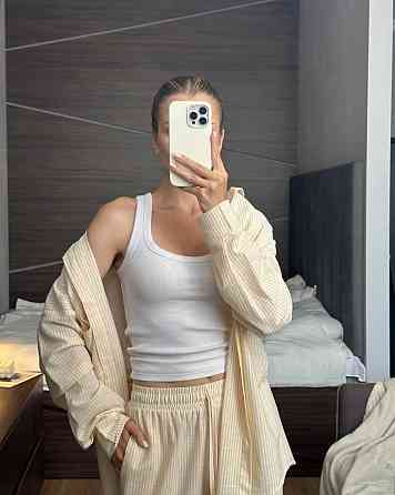 Женский стильный повседневный костм двойка лен- коттон полоска Желтый, 42/46 Одесса