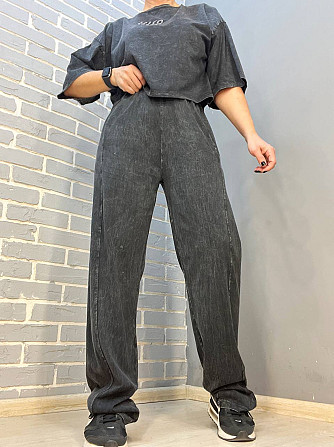 Костюм жіночий Coast Moda 4207 варений з короткою футболкою оверсайз та брюками рівними від стегна чорний, чорний, M Київ - фото 14