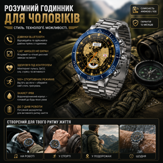 Мужские тактические смарт-часы Kesasoxe с AMOLED экраном водонепроницаемые армейские умные часы с вызовами Киев