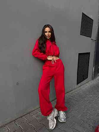 Утепленный женский костюм двойка в спортивном стиле трехнитка на флисе Красный, 46/48 Одесса