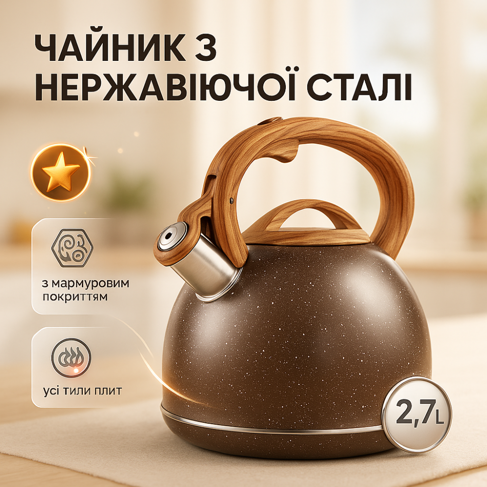 Красивый чайник для плит UN-5306 2, 7л, Металический чайник со свистком из нержавейка LA-20 Львов - изображение 12