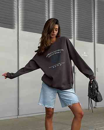 Жіночий теплий оверсайз світшот з накатом тринитка на флісі Графіт Одеса