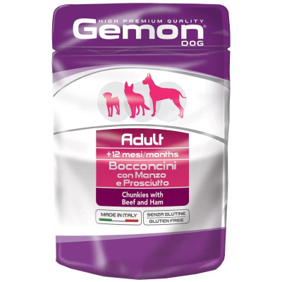 Вологий корм для собак Gemon Dog Wet Adult шматочки з яловичиною та шинкою 100 г (8009470300605) Вінниця - фото 1
