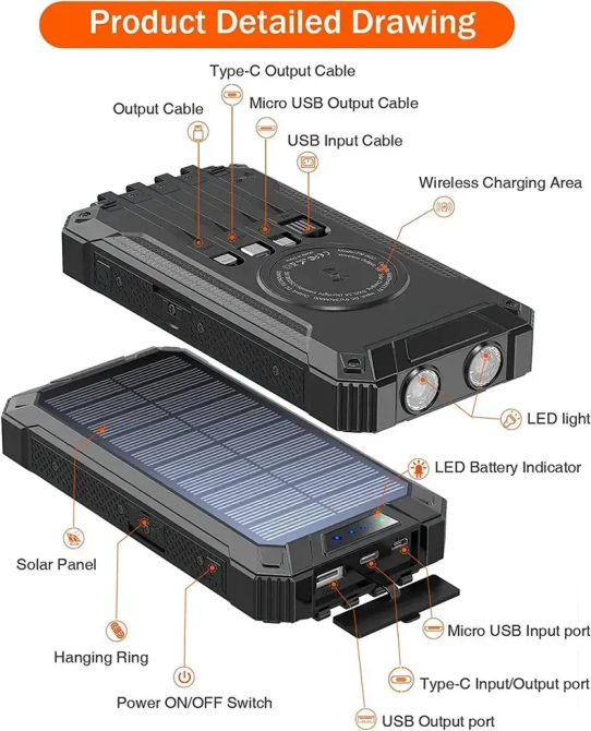 Зарядний пристрій на сонячних батареях IBattery LS45 25000mah з ліхтариком та бездротовою зарядкою Вінниця - фото 2