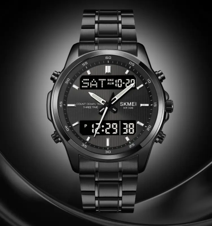 Годинник чоловічий наручний Skmei 2049 на сталевому браслеті (Чорний з чорним табло) Київ