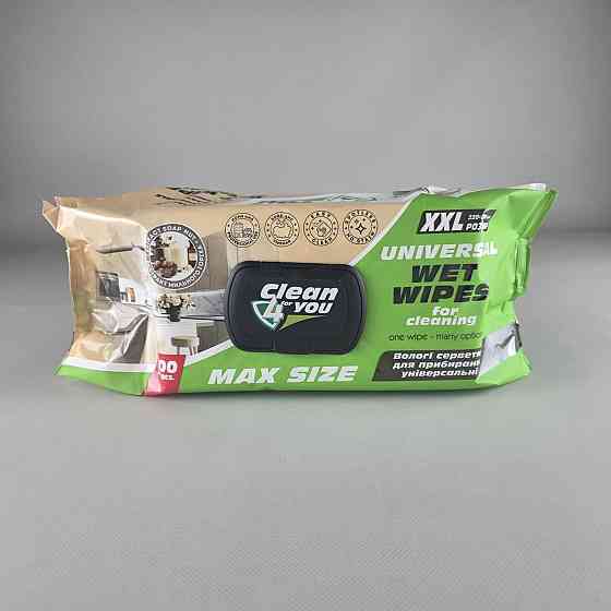 Серветки вологі 100 шт з клапаном для прибирання Clean4you з содою та оцтом (з екстр. Мильного горіху) (1 пачка) Харків