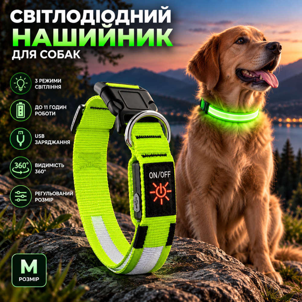 Светодиодный ошейник для собак YFbrite M, USB, 3 режима, до 11 ч, 360°, регулируемый, зеленый Киев - изображение 1
