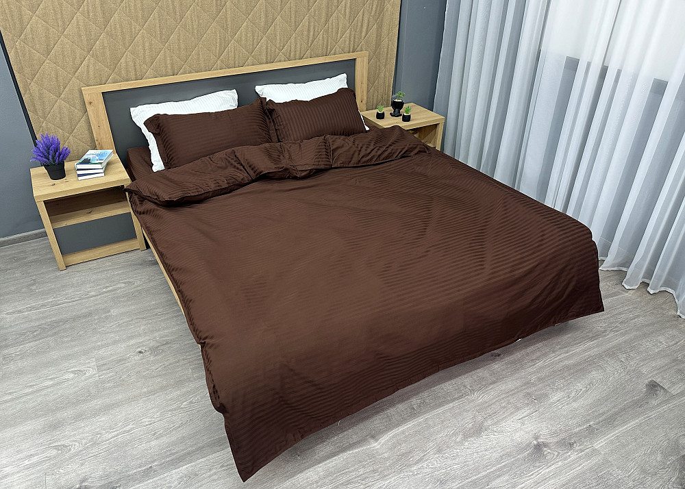 Комплект постельного белья Страйп-сатин Евро 200х230 с простыней на резинке Шоколадный (88-186) Киев - изображение 3