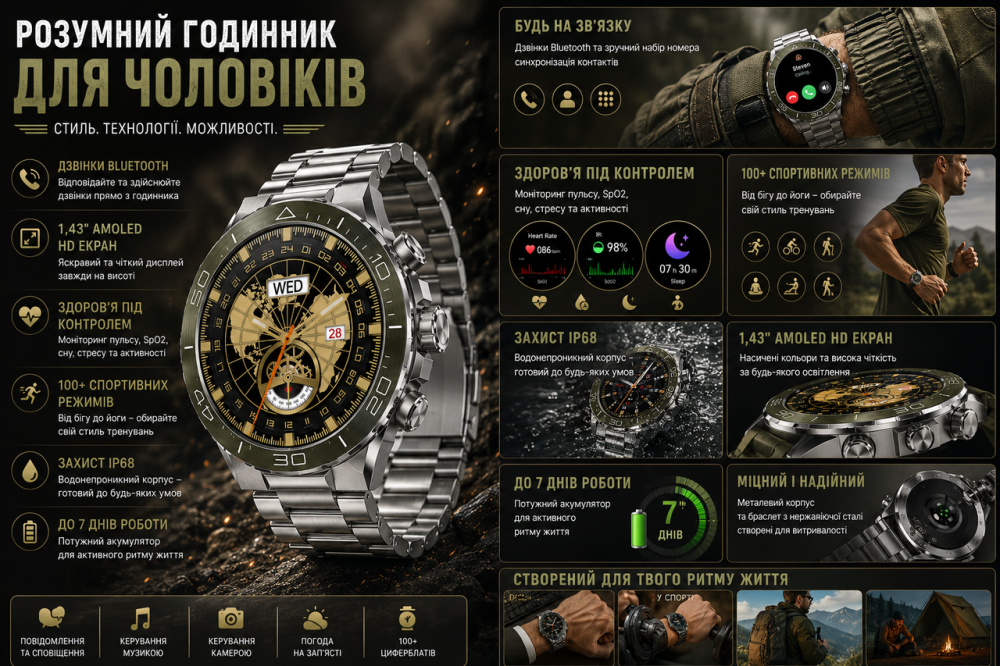 Чоловічий тактичний смарт-годинник Kesasoxe з AMOLED екраном водонепроникний армійський розумний годинник із дзвінками Київ - фото 7