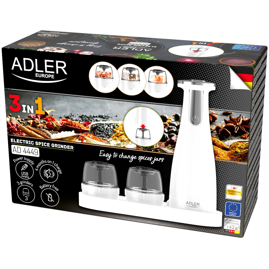 Млинок для спецій Adler AD 4449 white електричний/150мл/керамічні жорна/USB-C/3 змінні млинки/білий Винница - изображение 9