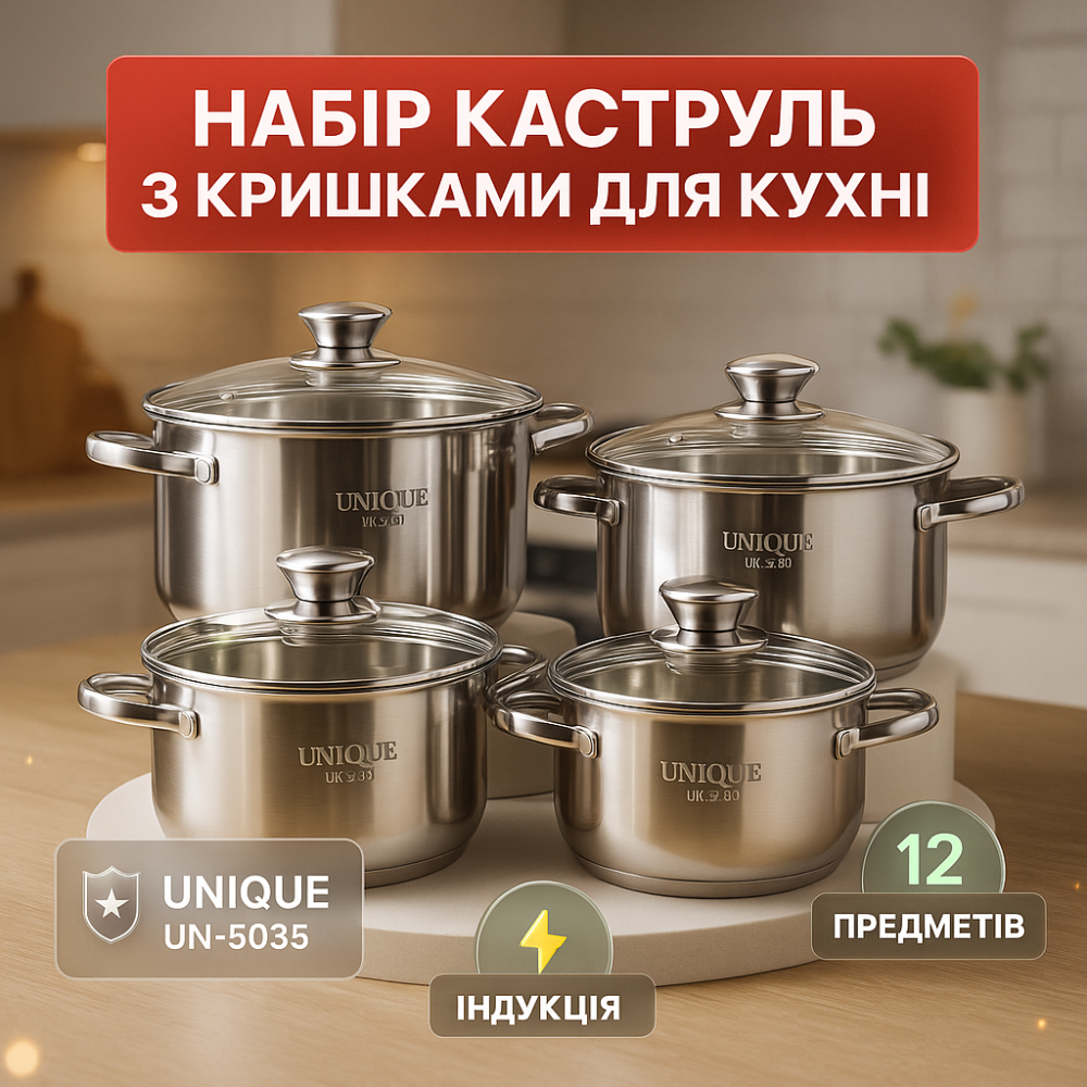 Кастрюля с высоким качеством нержавеющей стали UNIQUE UN-5035, Набор кастрюль с крышками для кухни RY-65 Львов - изображение 20