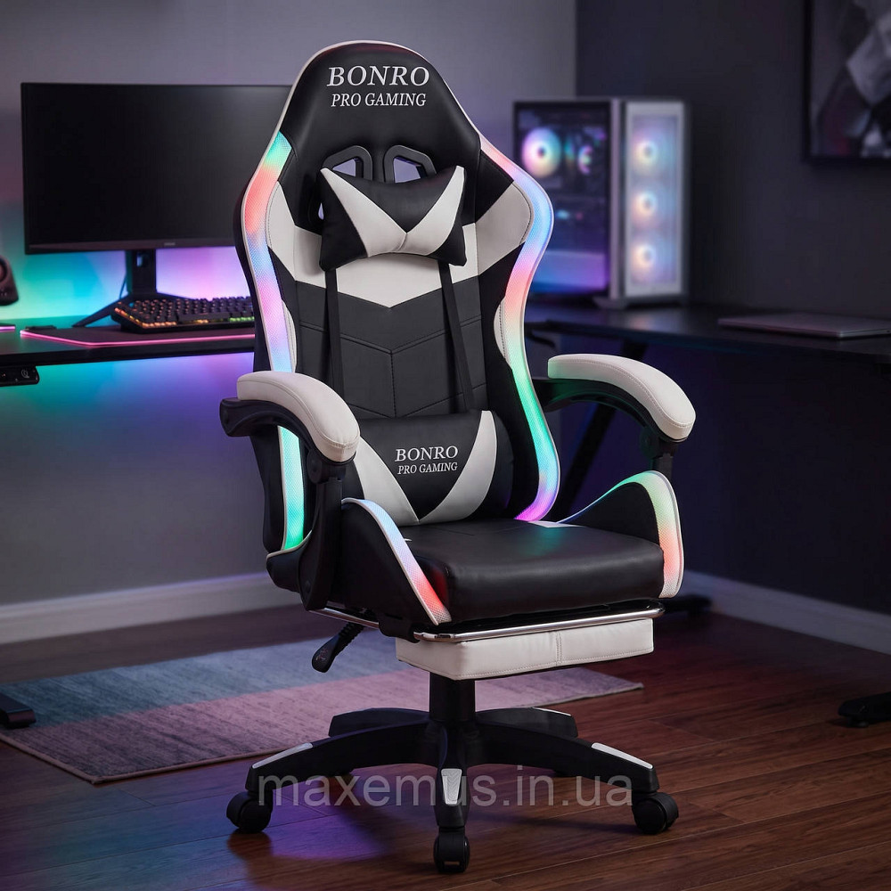 Геймерское компьютерное кресло Bonro B-144 Белое с RGB подсветкой, массажем и подножкой Мостиська - фото 7