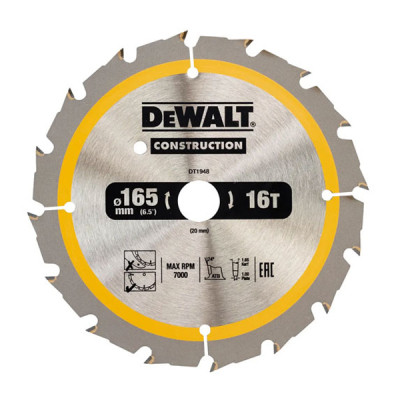 Диск пильний DeWALT CONSTRUCTION 165 х 20 мм, 16z (ATB), 20 градусів (DT1948) Вінниця - фото 1