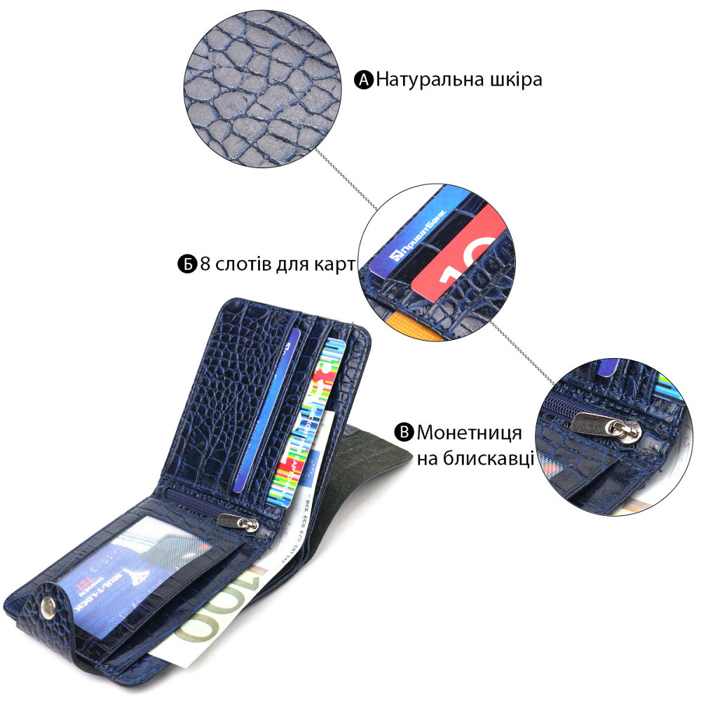 Стильне портмоне для чоловіків у два складення з натуральної фактурної шкіри з тисненням під крокодила CANPELLINI 21577 Синє Київ - фото 4