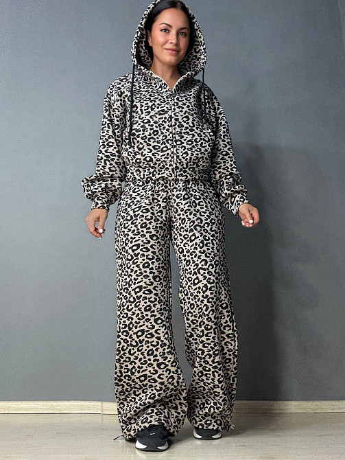 Костюм женский W 9231 леопардовый утепленный флис худи и брюки палаццо коричневый, коричневый, S Киев - изображение 19