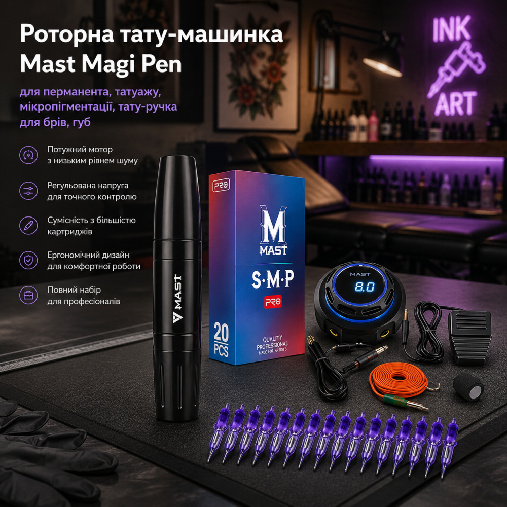 Роторна тату-машинка Mast Magi Pen для перманенту, татуажу, мікропігментації, тату-ручка для брів, губ: набір для татуювання Київ - фото 10