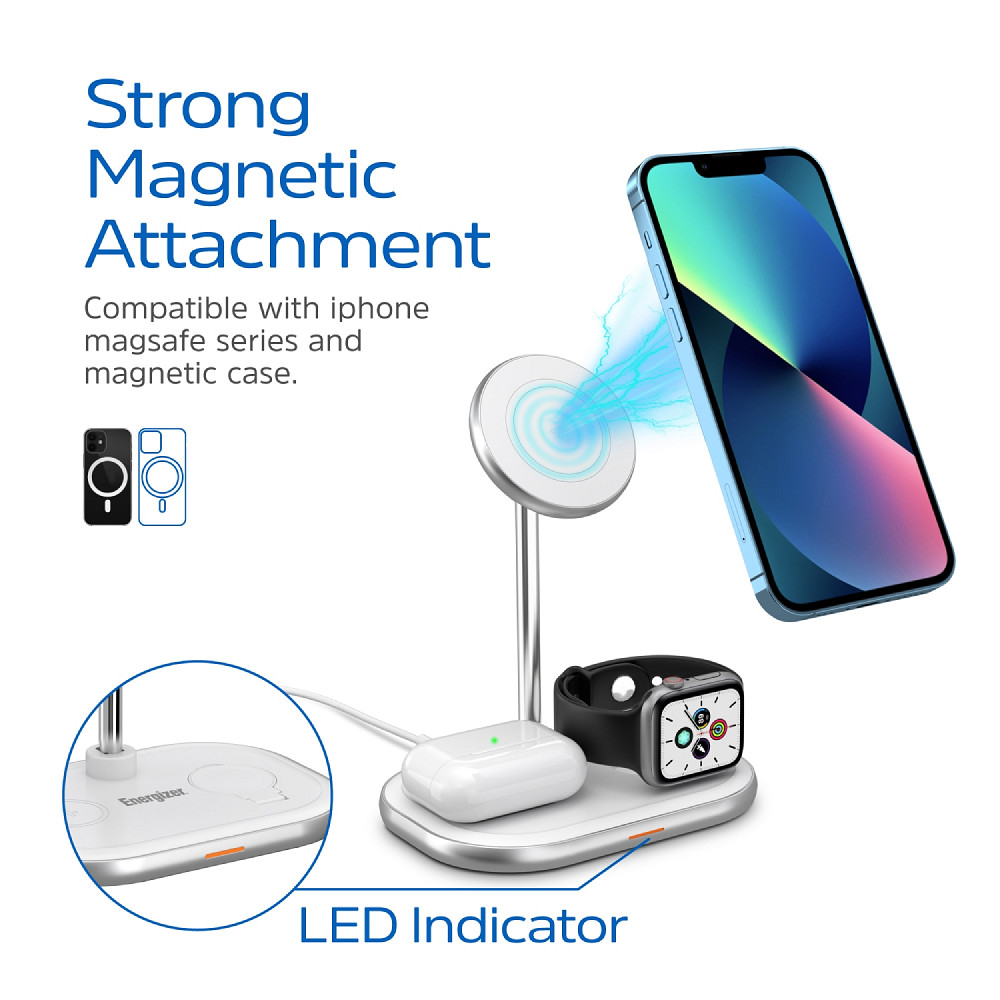 Зарядний пристрій 15W 3-in-1 Magnetic Wireless Fast Charger white Energizer Винница - изображение 8