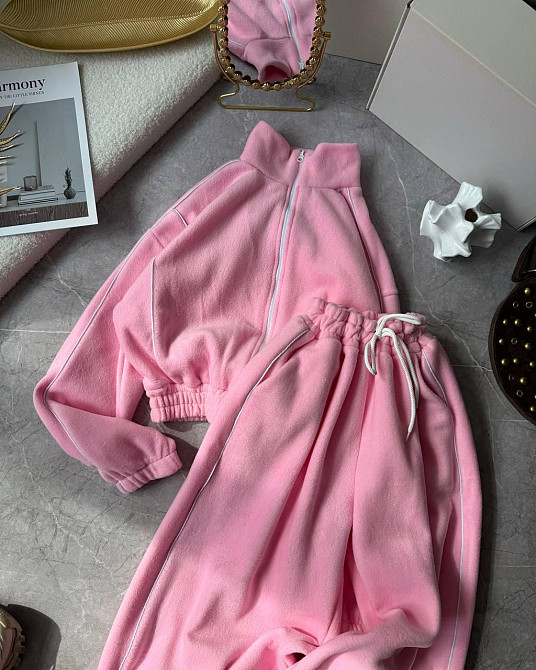 Теплий жіночий прогулянковий костюм із кантом двосторонній фліс. Рожевий Одеса - фото 4