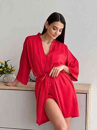 Халат женский шелк под пояс длина 90см Красный 3XL/4XL Харьков