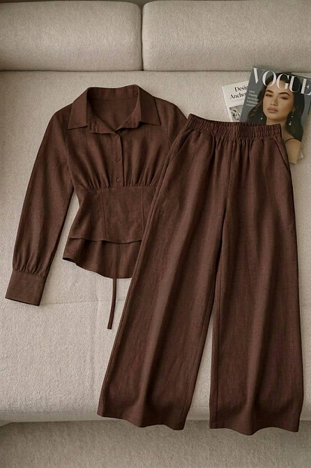 Женский стильный трендовый повседневный костюм лен жатка Шоколад, 48/50 Одесса - изображение 2