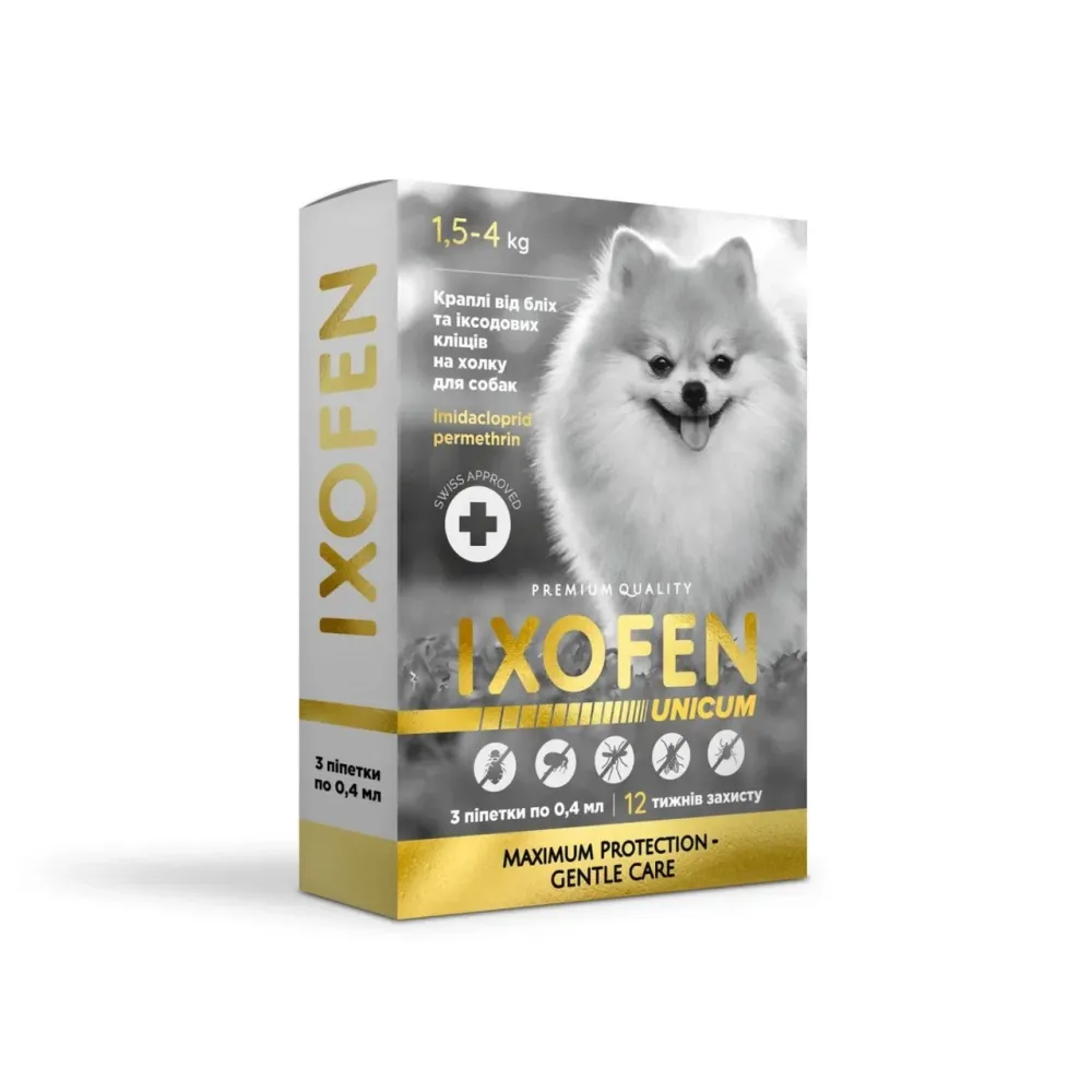 Unicum Ixofen Іксофен краплі від бліх, іксодових кліщів та комарів на холку для собак від 1,5 до 4 кг (3 піпетки х 0,4 мл) Вінниця - фото 1