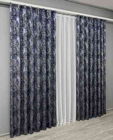 Комплект готових штор VR-Textil Льон Преміум № 1835ш Сірий з синім 150х295 см 2 шт (33-0827) Київ