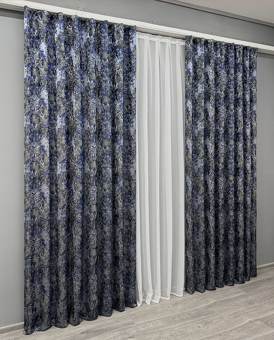 Комплект готових штор VR-Textil Льон Преміум № 1835ш Сірий з синім 150х295 см 2 шт (33-0827) Київ - фото 4