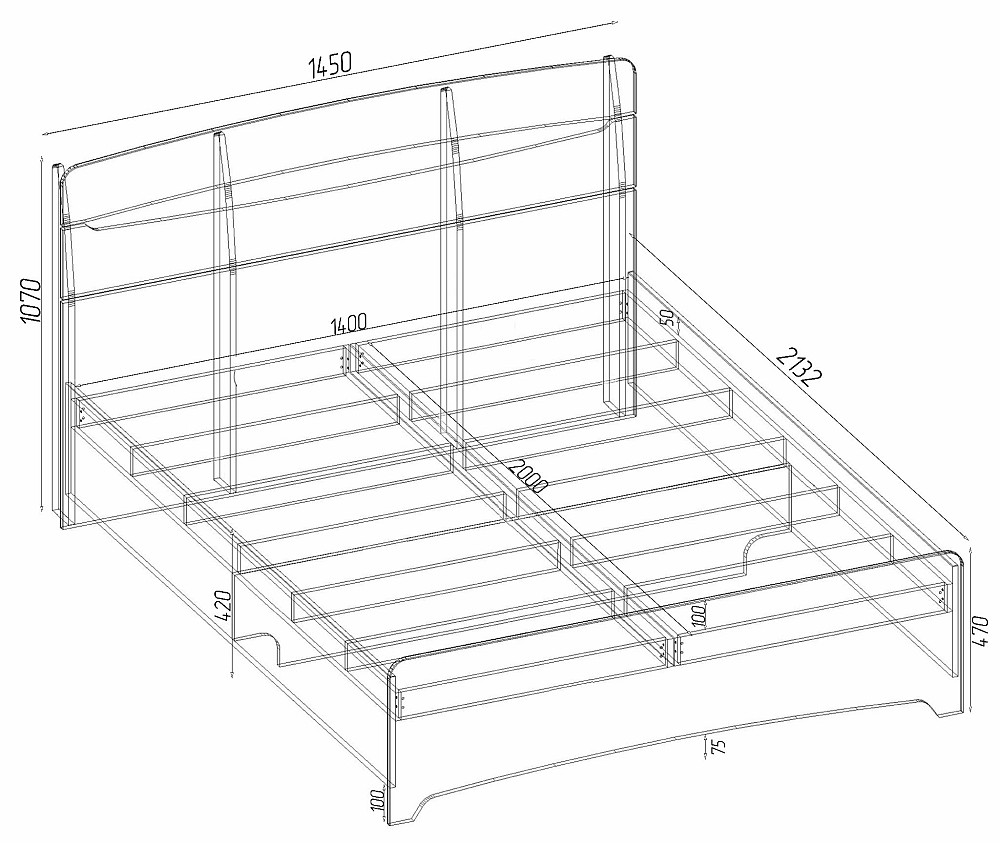 Кровать Дельта двуспальная, Дуб Крафт Білий, 2132х1450х1070 Львов - изображение 1