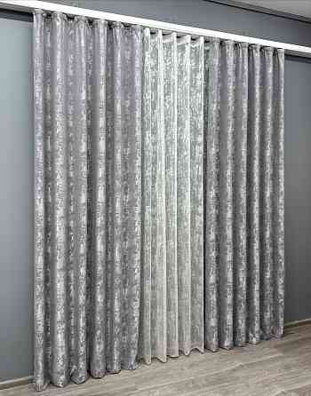 Комплект штор VR-Textil Жакард Мармур 200х270 2шт і Тюль 500х270 1668ш-1400т Сірий з білим 71-001/6 Київ