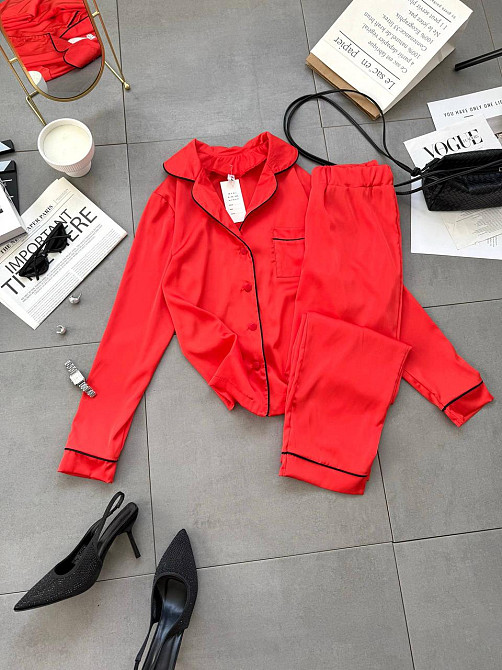 Женская легкая пижама двойка: рубашка и штаны шелк Красный, 42/44 Одесса - изображение 3