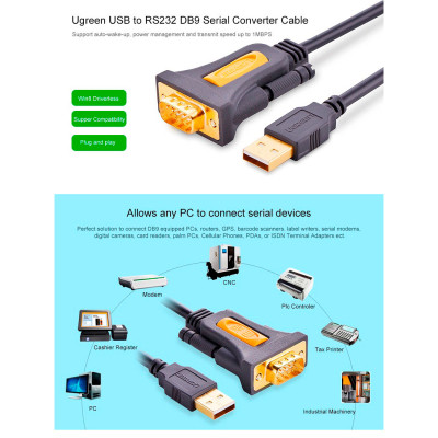Кабель для передачі даних USB to COM M 1.5m DB9 RS-232 CR104 black Ugreen (20211) Вінниця - фото 2