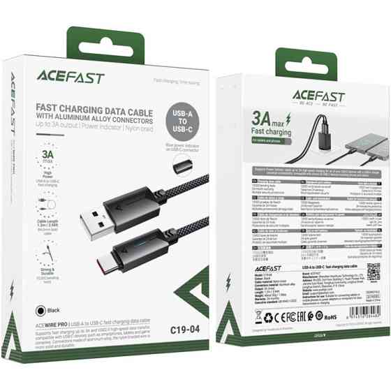 Кабель USB 2.0 AM-Type-C M, 1.2 м, 60W C19-04 Black Acefast Вінниця