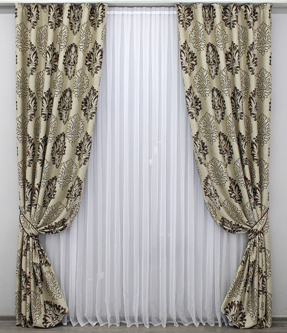 Комплект готовых штор VR-Textil Блэкаут-софт Корона № 1274ш(Б) Бежевый с коричневым 100х270 см 2шт (31-602) Киев - изображение 2