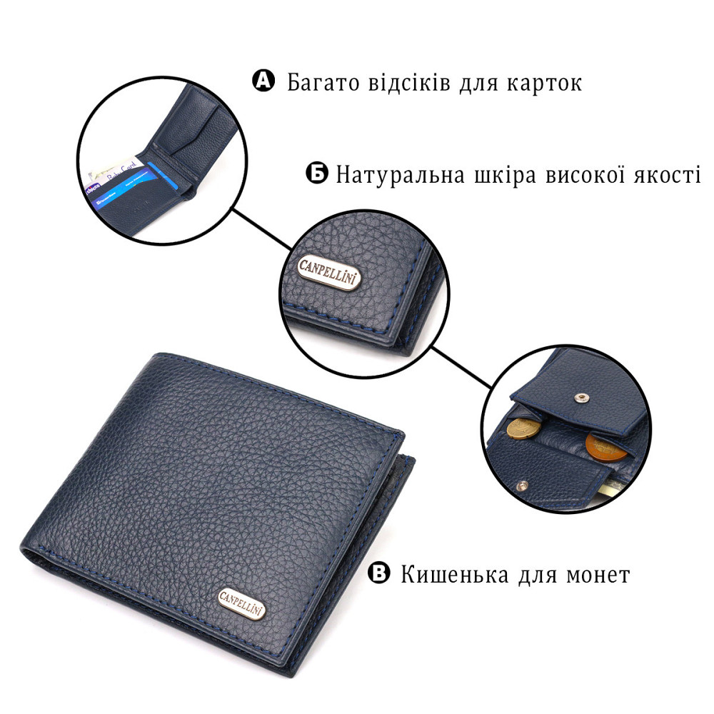 Горизонтальное мужское портмоне из натуральной зернистой кожи CANPELLINI 21776 Синее Киев - изображение 4