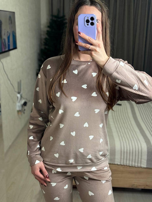 Женский уютный домашний костюм двойка с сердечками турецкий плюш-велюр Мокко, 46/48 Одесса - изображение 4