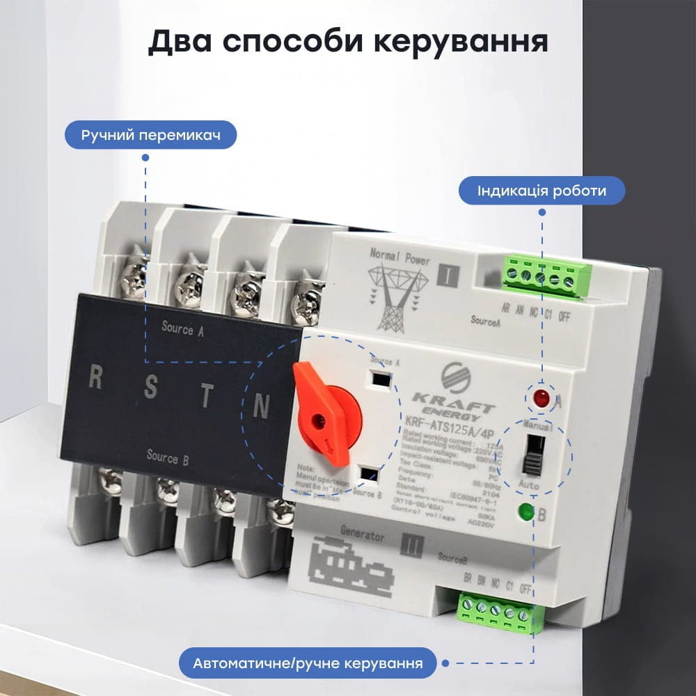 Автоматичний перемикач (АВР) під DIN-рейку Kraft KRF-ATS125A/4p 4 полюси (51-00106) Киев - изображение 11