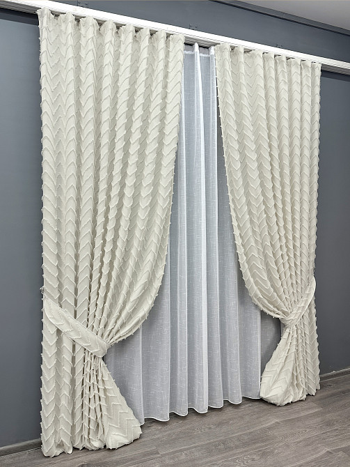 Комплект штор VR-Textil Лен Букле 200х270 2шт и Тюль 600х270 1815ш-115т Молочный с белым 71-045/7 Киев - изображение 2