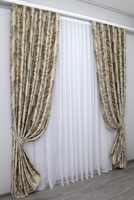 Комплект готовых штор VR-Textil Блэкаут Лилия № 074ш(Б) Бежевый с кофейным 100х270 см 2шт (31-267) Киев - изображение 2