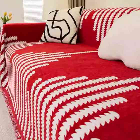 Плед покривало на диван або ліжко, чохол накидка 180х230 см для м'яких меблів стиль бохо в смужку, червоний Кам'янець-Подільський
